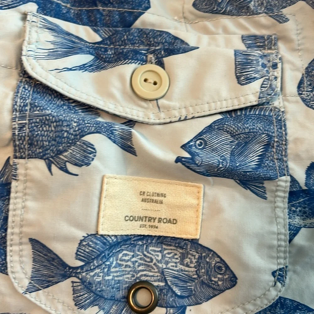 Country Road Blue and White Board Shorts with Nautical Fish Print, Size Large - Picture 5 of 6